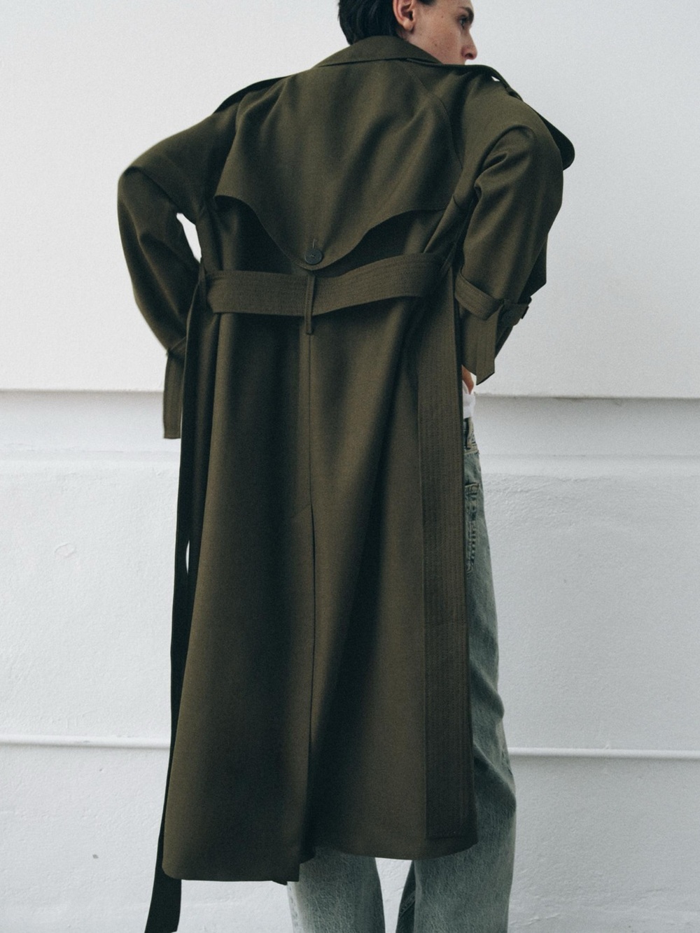 Zara Olive Trench Coat - Women's Oversized Long Coat - Picture 4 of 14